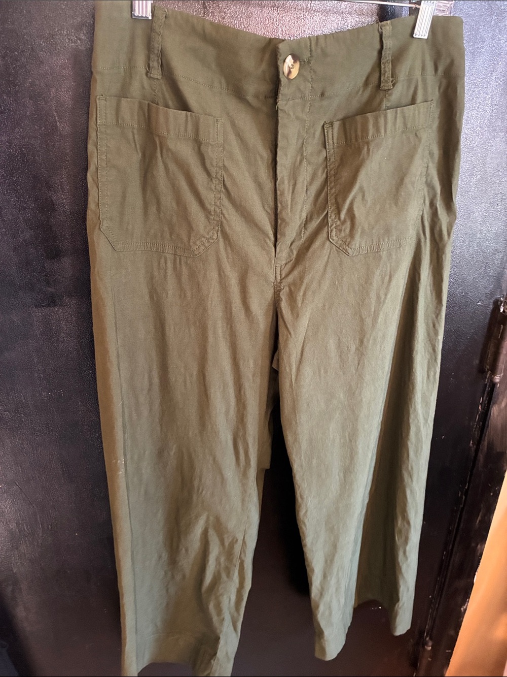 Maeve Anthropologie Colette Olive Wide-Leg Pants with Front Patch Pockets 32